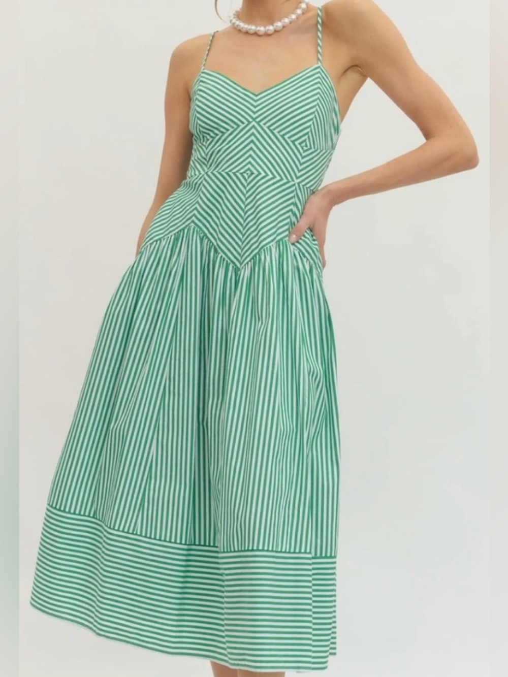 NWT FARM Rio Green & White Striped Midi Dress, NWT, XS